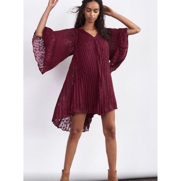 Anthropologie Pleated Flutter Sleeve Dress Burgundy Floral Burnout Size S - Picture 1 of 7